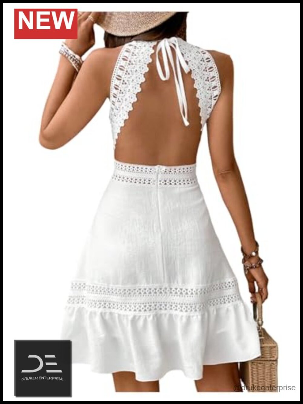 Women's Contrast Lace Halter A-Line Dress Sleeveless Backless Summer